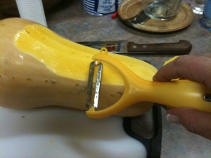 Peel the skin off the squash with a potato peeler or cheese slicer