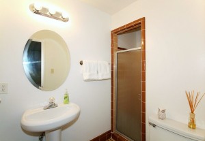 Master bath with shower and pedestal sink in midtown Tulsa home for sale under $110,000